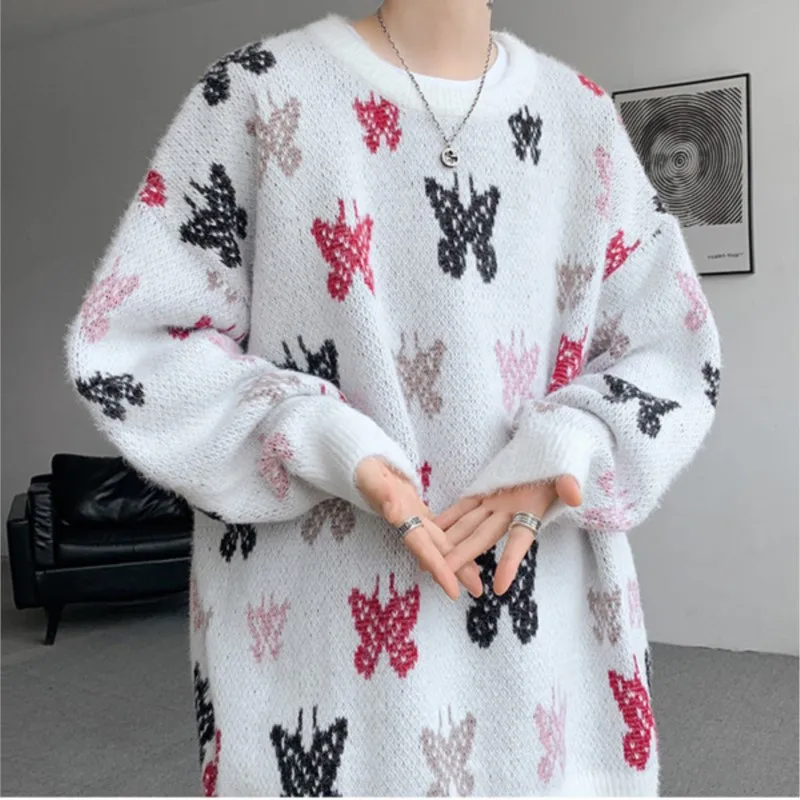 Autumn Winter Butterfly Jacquard Pattern Sweater New Popular Casual Round Neck Contrast Color Knitted Men's Knitwear Pullover