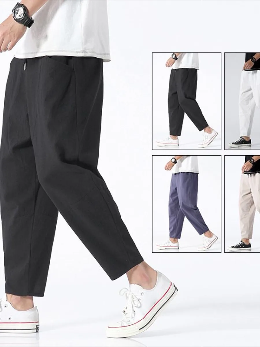 Summer Men's Wide Leg Casual Pants Cotton Linen Blend Thin Loose Fit 9-Piece Straight Tube Trousers Comfortable Breathable