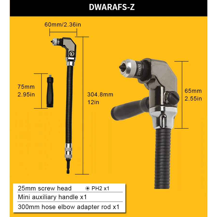 DEWALT DWARAFS Right Angle Flex Shaft Bit Holder 12” Impact Ready 1/4