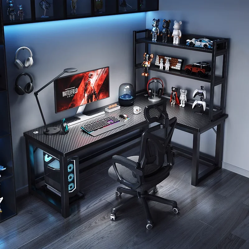 *Textured PVC Surface Framed Gaming Desk Storage Shelf L-Shaped Computer Table for Home Gaming Office