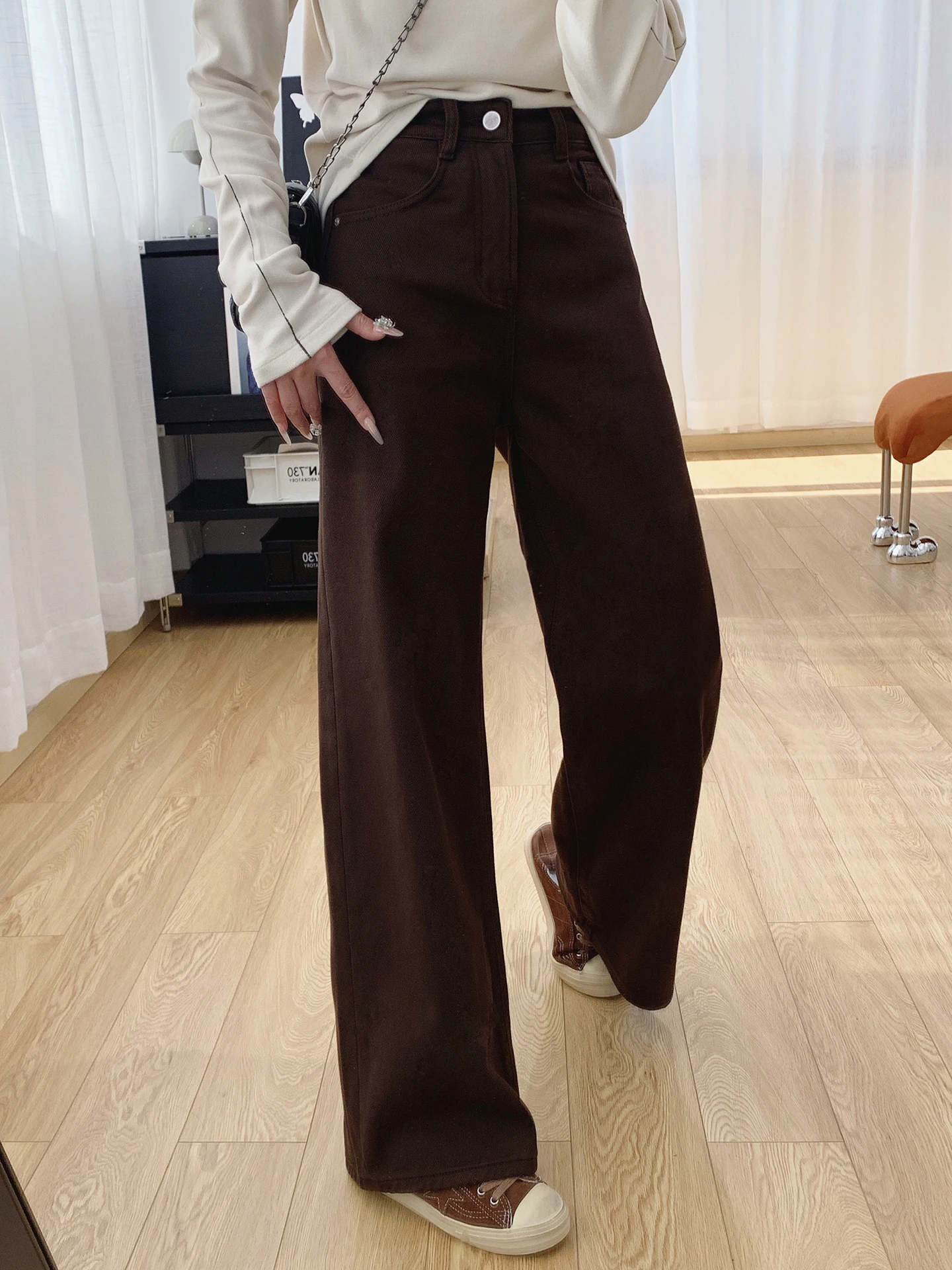 

Джинсы женские с высокой талией, на подкладке, широкие штанины, свободного кроя, осенне-зимние, повседневные, из жесткого хлопкового трикотажа