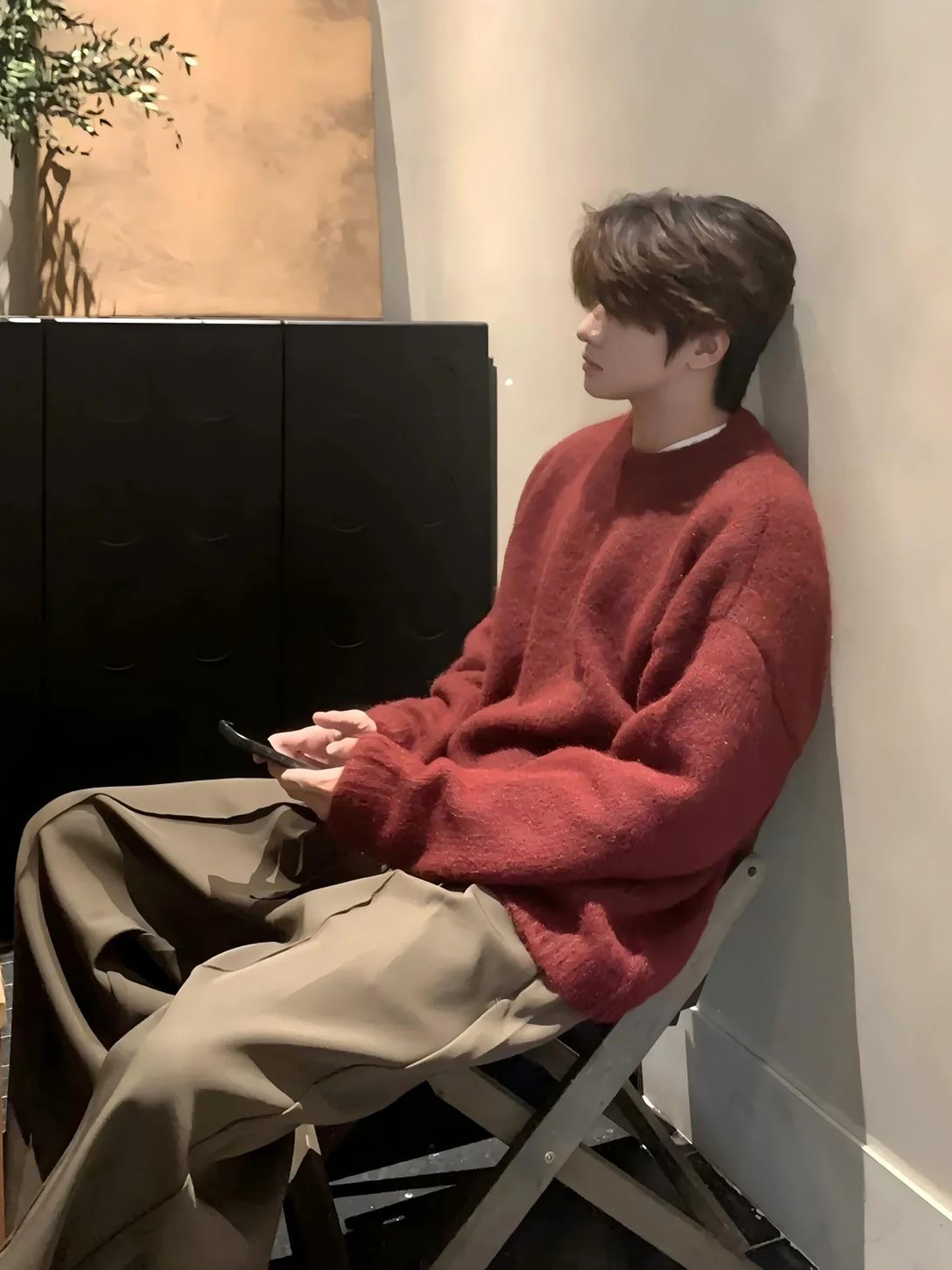 

Retro Wine Red round Ne Knitwear Men's Sle Loose Fit Heavy Gauge American Sle Inner Wear Long Sve Breathable Autumn