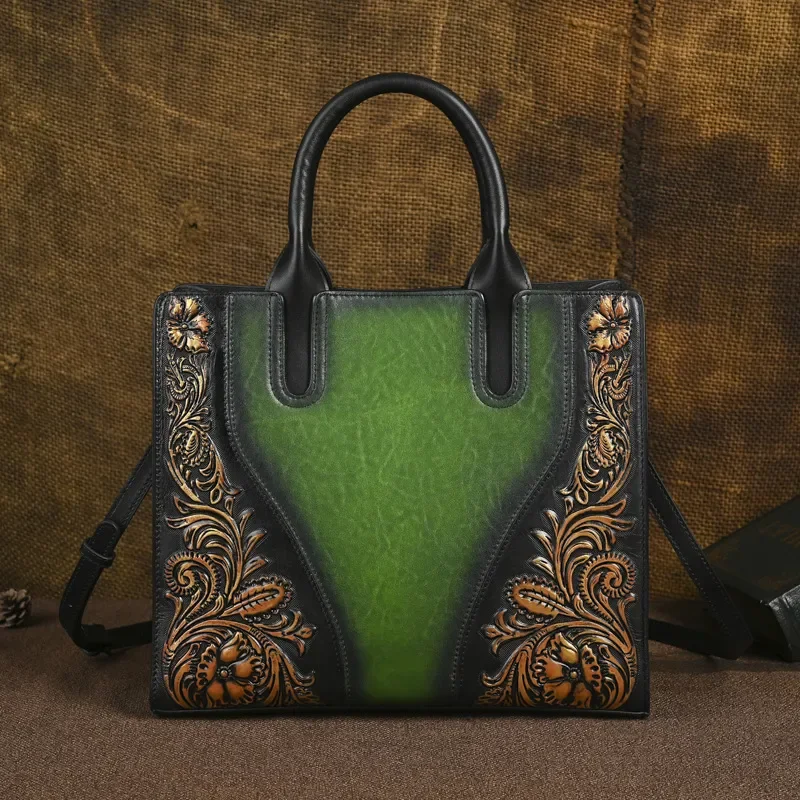 2025 Genuine Leather Women Handbag Retro Embossed Crossbody Bag Large Capacity Shoulder Tote Vintage Style Daily Use Purse