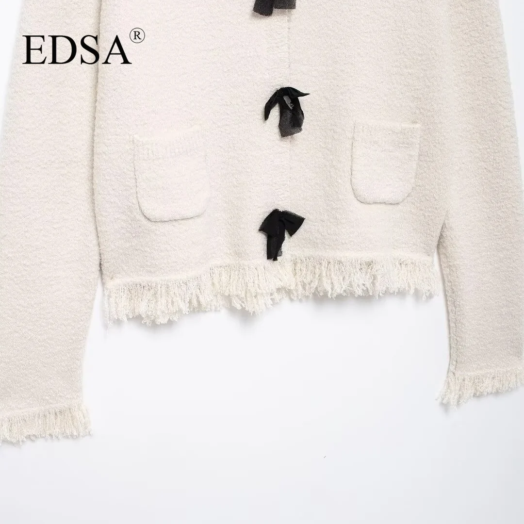 EDSA Women Knit Cardigan with Bows Frayed Trims Autumn Female Long Sleeves Round Neck Patch Pockets Sweater Coat