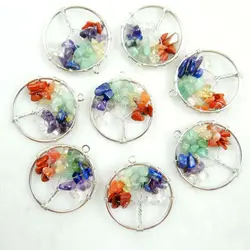 30mm Natural Gem Stone Quartz Crystal 7 Chakras Tiger Eye Tree of Life Pendant For Diy Jewelry Making Necklace Accessories 10pcs