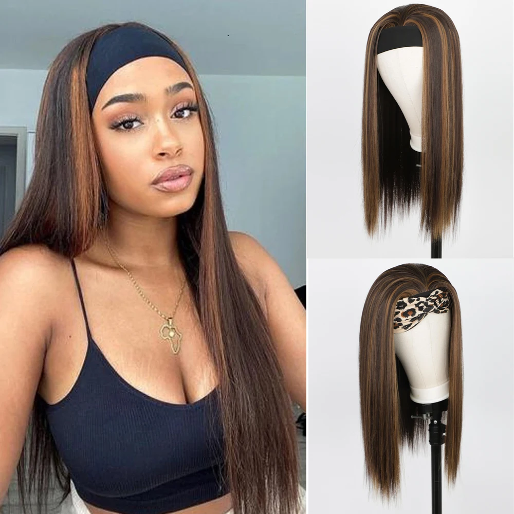 Synthetic Long Brown Highlight Wig Straight Headband Wigs For Women Daily Party Use Heat Resistant Hair 22 Inch