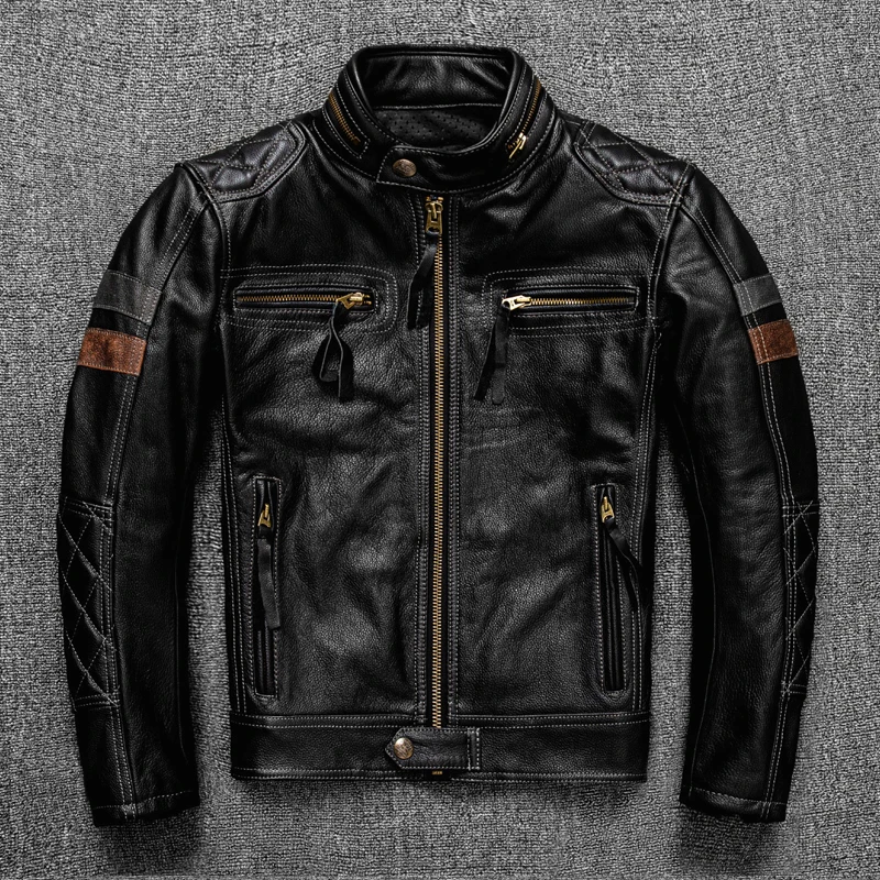 New First Layer Of Cowhide Leather Leather Men Stand Collar Trend Motorcycle Riding Jacket Can Add Protective Coat