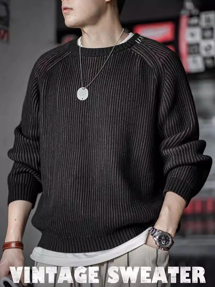 

Мужской утепленный вязаный свитер Maden с круглым вырезом, в американском ретро-стиле, в полоску, модный, теплый, зимний