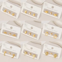3Pcs Tiny Stainless Steel Earrings Sets Bohemia Leaf Dandelion Earings Fashion Jewelry Cute Cross Hexagon Ear Piercing Punk Gift