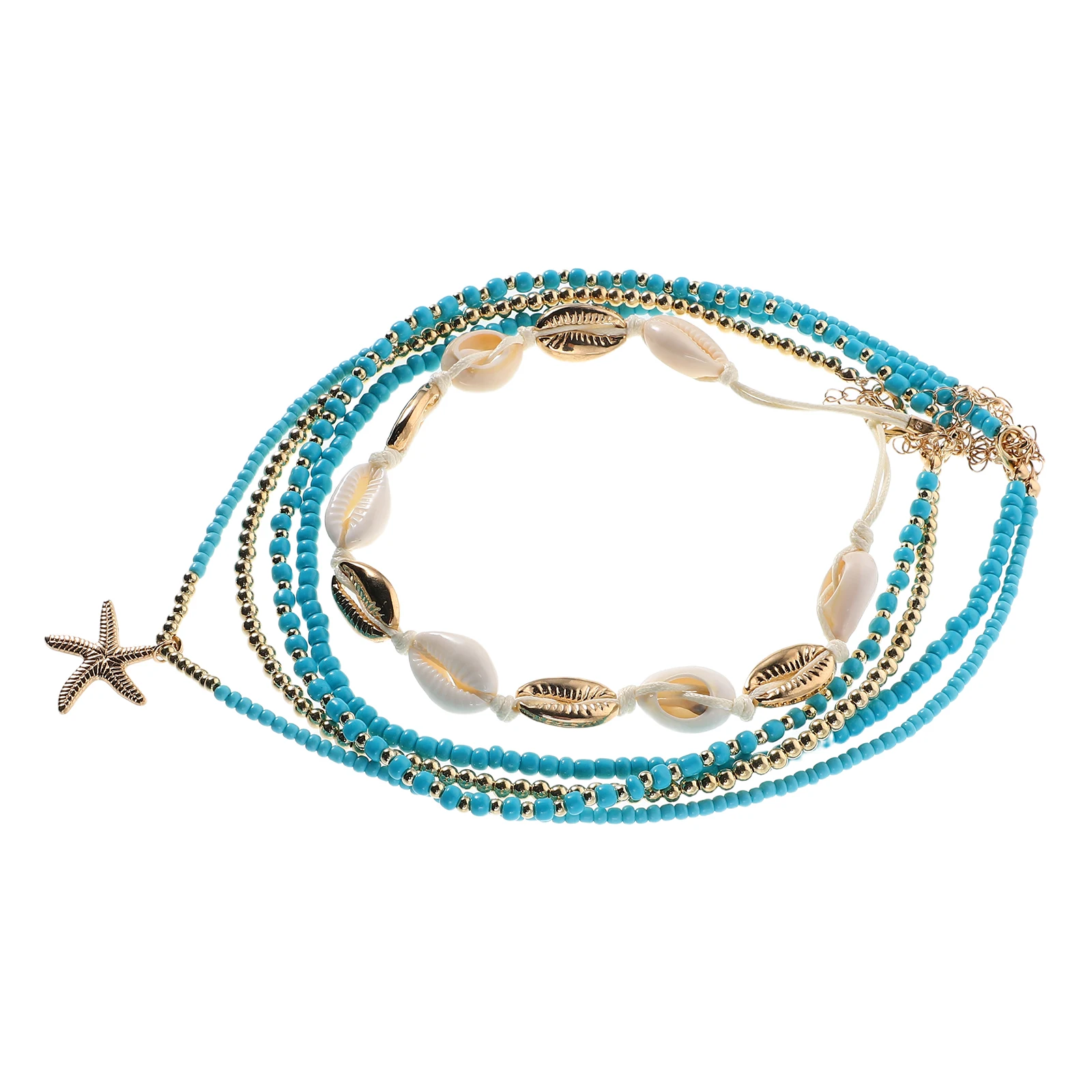 

5pcs Bohemian Necklace Beach Style Colorful Beads Women Multilayer Seashell Rice Necklace Set Ocean Theme Durable