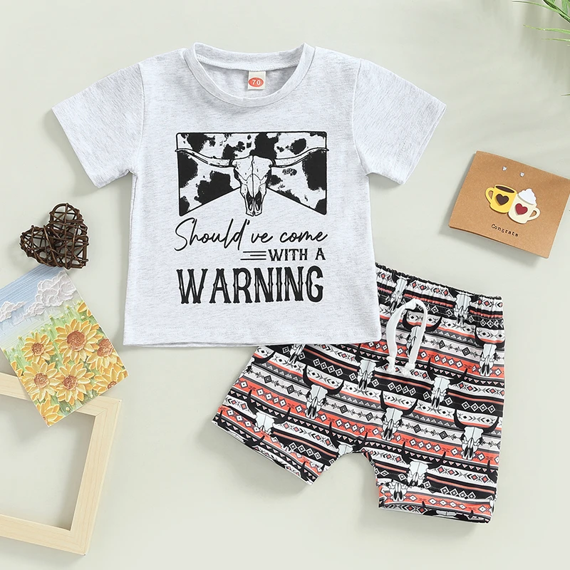 

2023-01-09 Lioraitiin 0-3Years Toddler Boys 2Pcs Summer Clothes Short Sleeve Round Neck Letters Print Tops Drawstring Short Pant