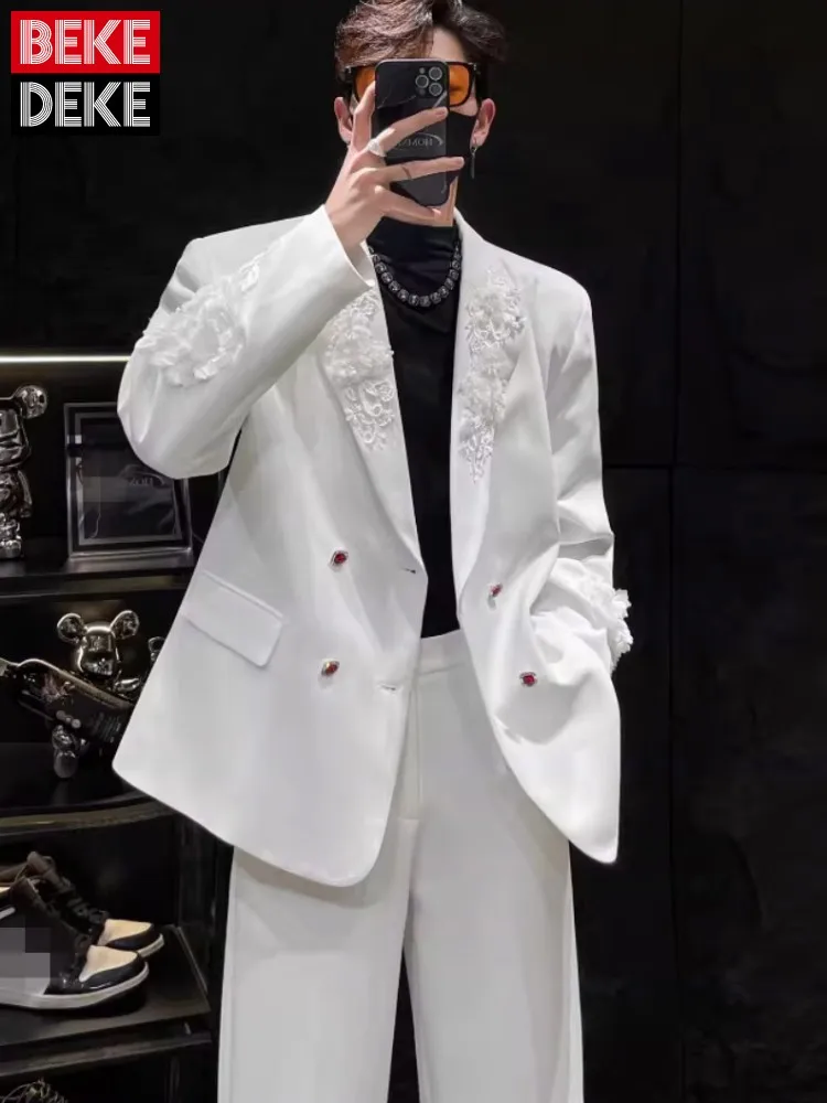 

Mens Suits Sets Solid Color Flower Embroidery Double Breasted Blazers Straight Pants Loose Fit Business Casual Two Piece Set