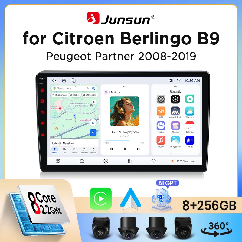 Autoradio Junsun sans fil CarPlay Android Auto pour Citroen Berlingo / Peugeot Partner (B9) 2008-2018 avec ventilateur de refroidissement intégré, navigation GPS Android, lecteur multimédia, WiFi,