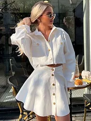 Oymimi Casual White Cotton Women's Two Pieces Set Elegant Long Sleeve Button Crop Shirts And High Waist Pleated Mini Skirts Sets