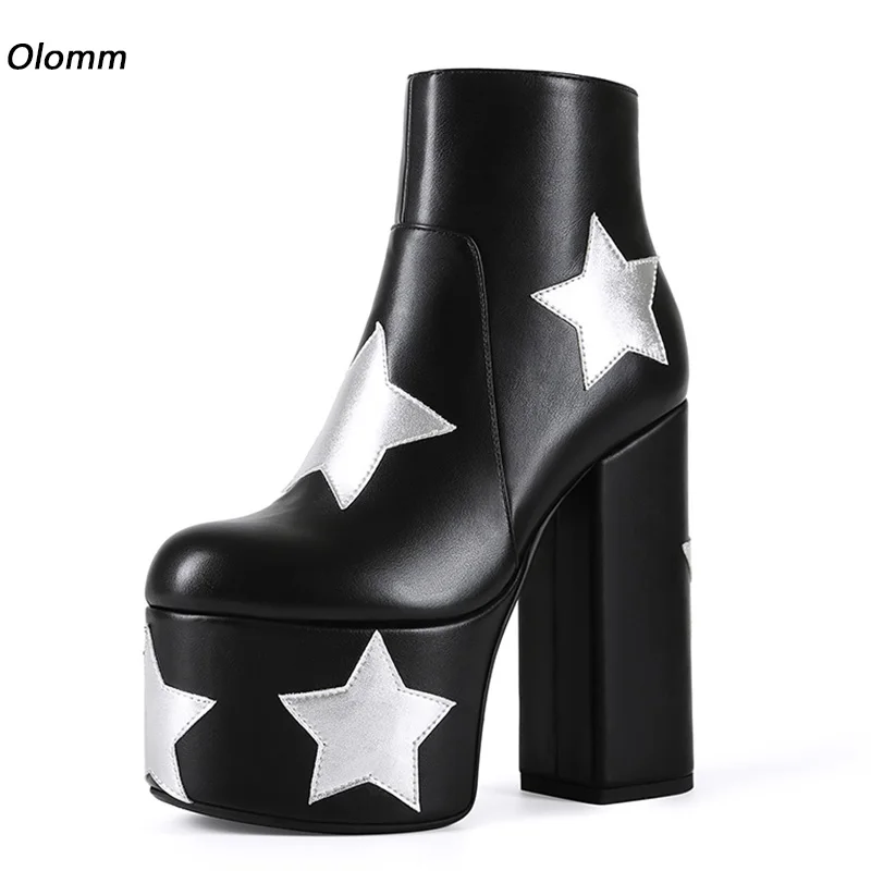 Handmade Women Star Patch Platform Ankle Boots Super High Block Heel Short Booties Y2K Goth Punk Cosplay Party Club Female Shoes