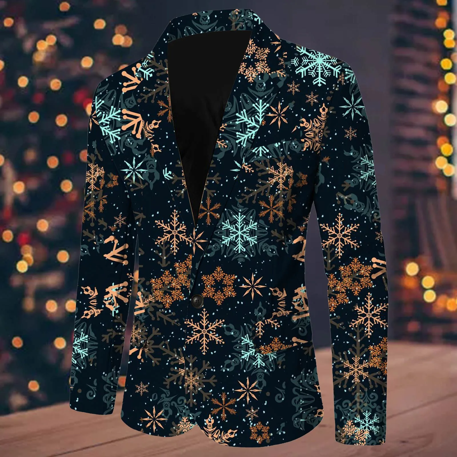 Christmas Snowflake Santa Printed Blazers Men\'s Coats With Pocket Lapel One Button Loose Casual Fashion Male Suit Jackets