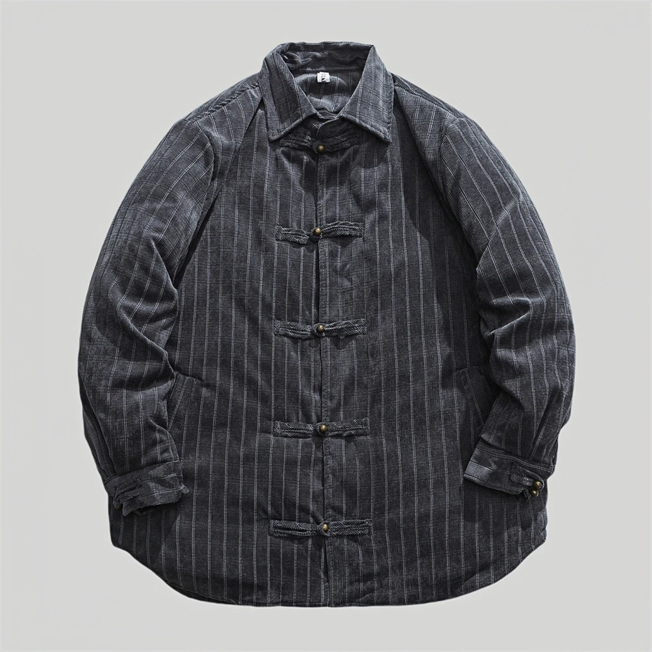Parka holgada de estilo chino para hombre, chaquetas gruesas, cálidas, Retro, de algodón, con hebilla de disco, informales, color negro, de invierno