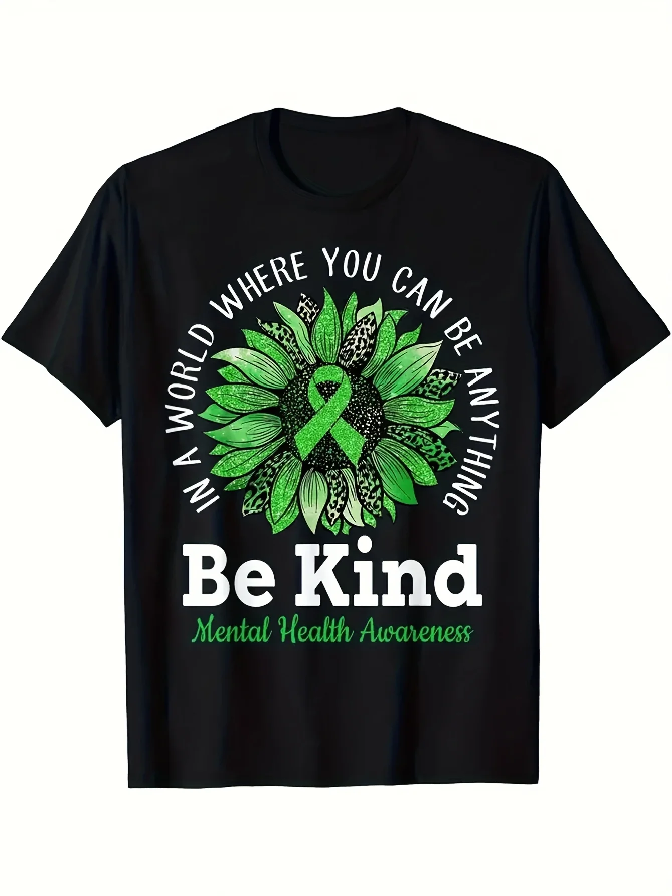 Men'S Casual T-Shirt with Sunflower and Ribbon Print Be Kind Mental Health AwarenessShort SleeveRound NeckGlossy Fab