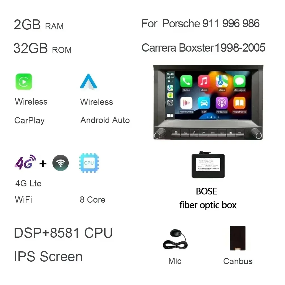 CarPlay 7 "2 din Android 14.0 Auto dvd-speler 8 Core 4GB DSP multimedia GPS autoradio Voor Porsche 911 996 986 Cayman Boxster