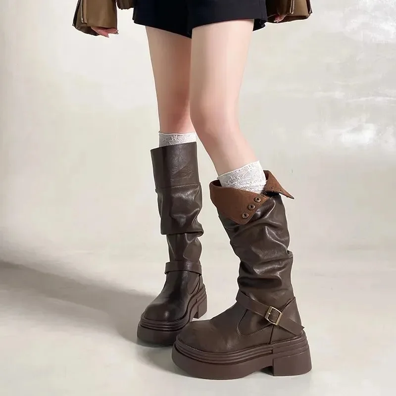 2026 New Women's High Knee Boots, Chunky Platform Stacked Rider Boots, Spring/Autumn Two-Way Edgy Fold-Over Cuff Fashion Design