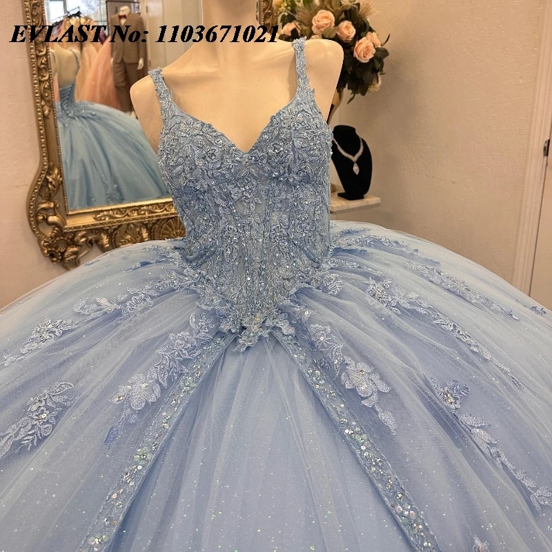 EVLAST-Robe de Rhscintillante bleu ciel, corset en cristal perlé, robe de Rh, dentelle appliquée, Sweet 16, SQ549