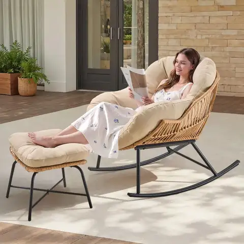 Papasan Rocking Chair with Ottoman, Oversized Papasan Chair, Beige Indoor amp Outdoor Rocker Chair with Padded Cushion for Livi