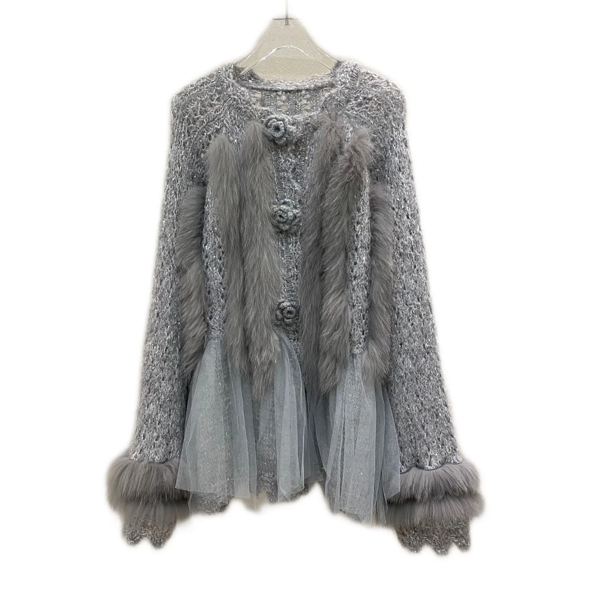 Women 2025 Autumn Winter New Princess Style Faux Fur Splicing Sweater Fur Coats Female Hollow Out Mesh Gauze Knitted Cardigan