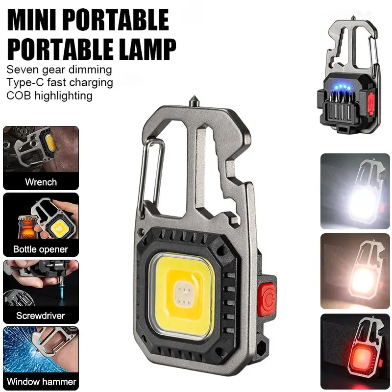 

LED Portable Keychain Flashlight Outdoor Camping COB Work Light Emergency Lighting With Window Hammer Bottle Opener Lamp