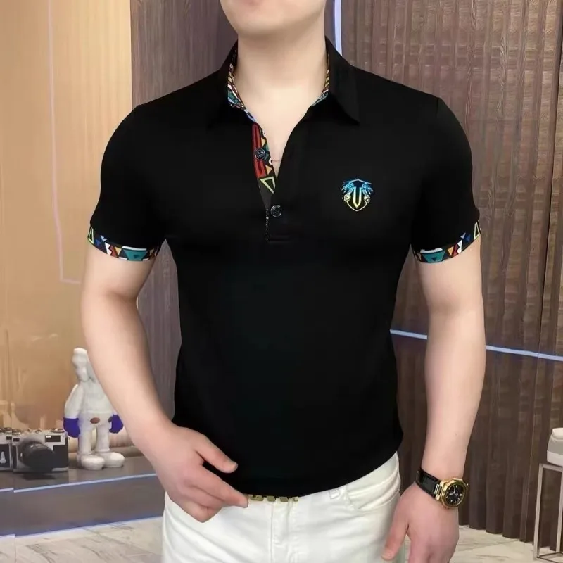 

Лето 2025 г., винтажные однотонные универсальные рубашки поло, мужские тонкие повседневные рубашки поло с короткими рукавами, футболки с лацканами для вечеринок, уличная одежда