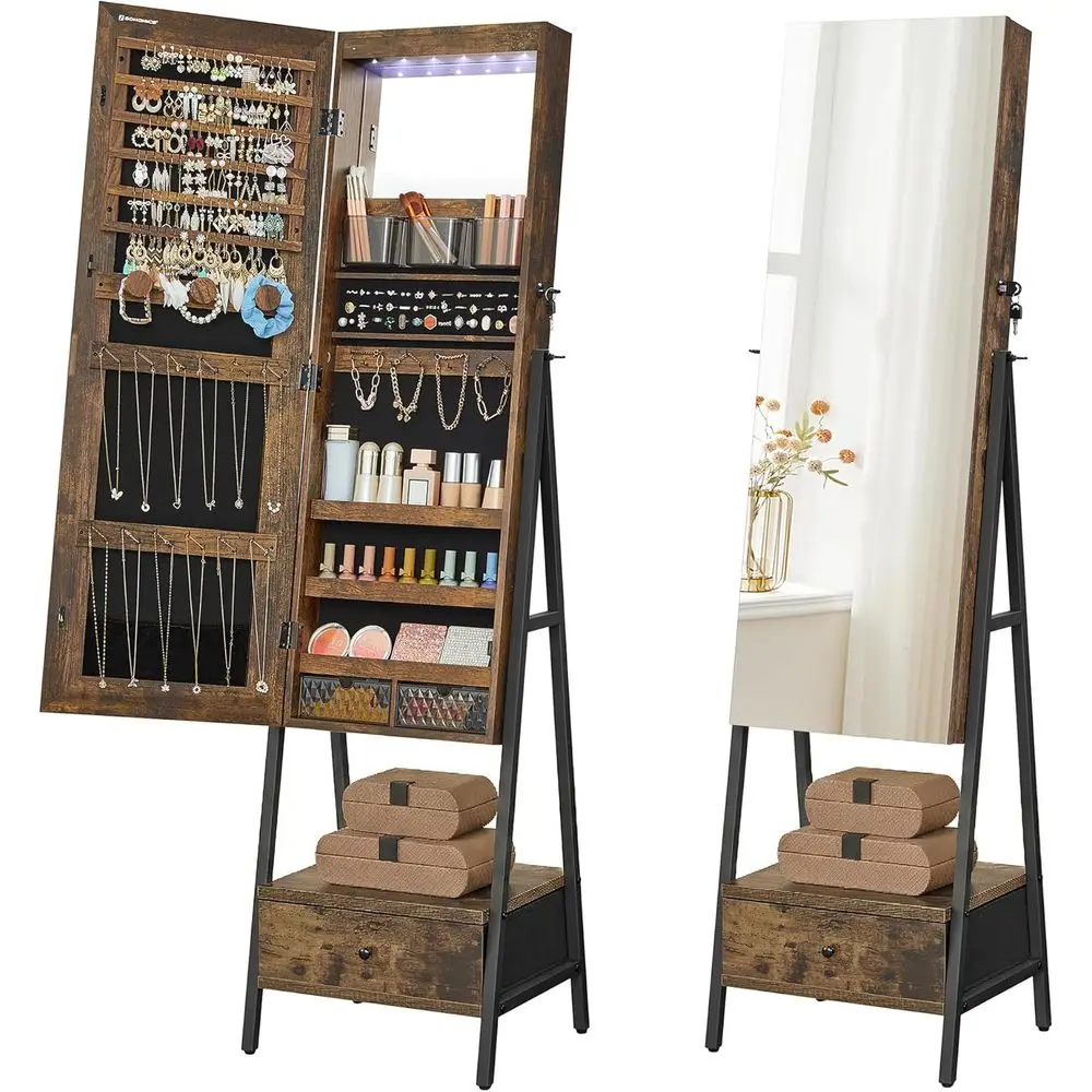 LED Cabinet Standing, Lockable lry Armoire with ull-Length Mirror, Space-Saving lry Organizer with Mirror, Bottom Der and Shel,