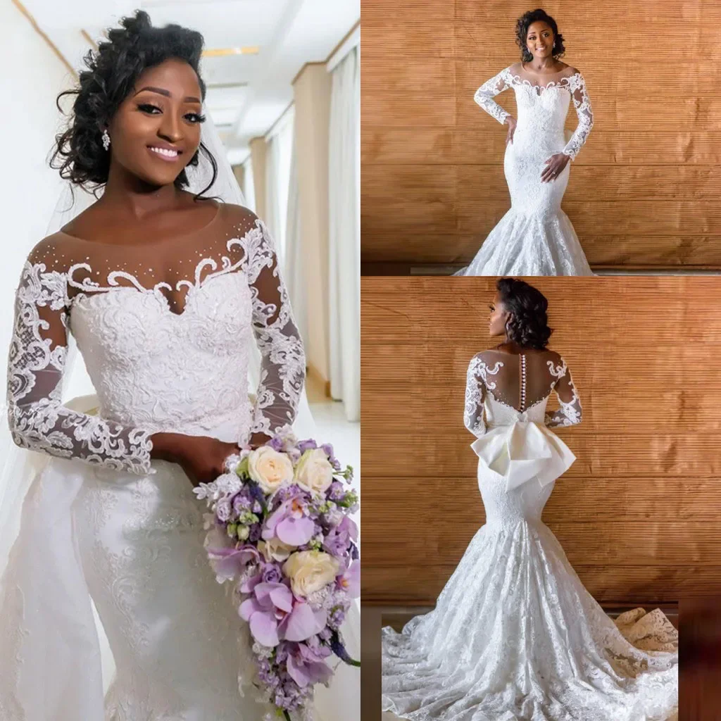 African Long Sleeve Mermaid Wedding Dresses Removable Train Arabic Illusion Lace Appliques Beaded Wedding Gowns Plus Size