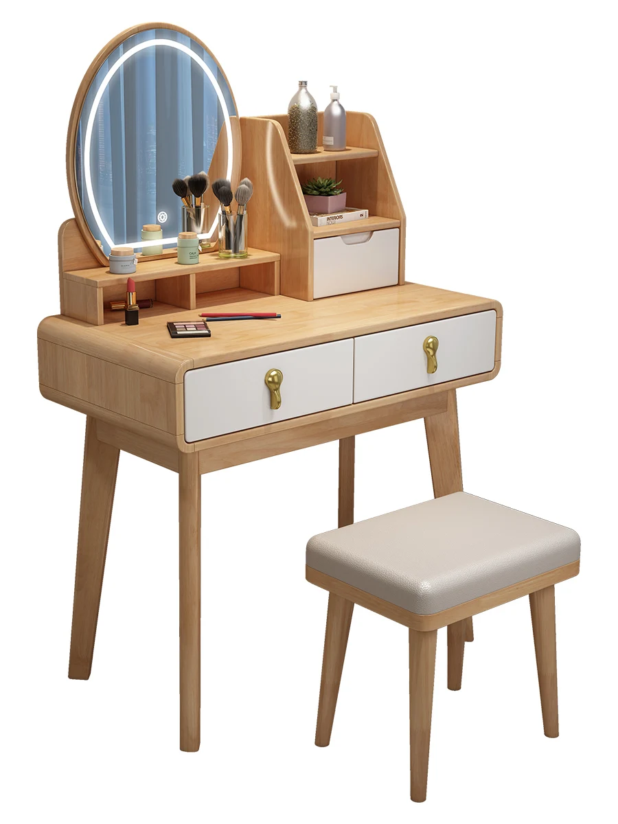 

Nordic solid wood dresser modern simple storage cabinet integrated small bedroom mini 70cm makeup table with lamp