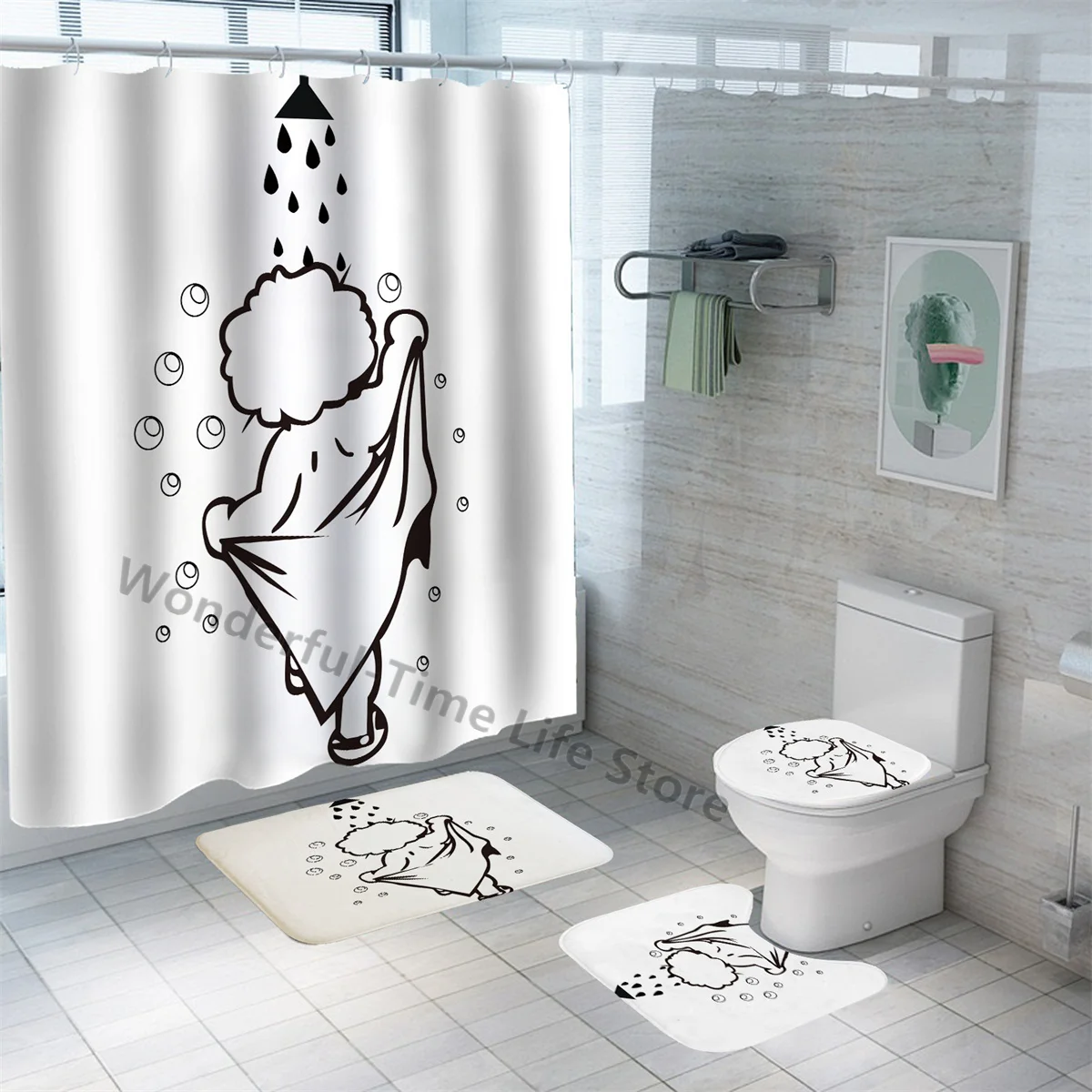 Funny Dinosaur Shower Curtain Kid Cute Cartoon Children Fun Girl Boy White Bath Waterproof Polyester Curtains Bathroom Decor