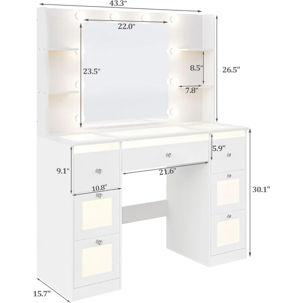 مكتب مكياج مع أضواء 3 ألوان، مكتب زجاجي علوي مع 7 أدراج مضاءة، 4 أرفف، مخرج طاقة، مكتب مكياج مع مرآة