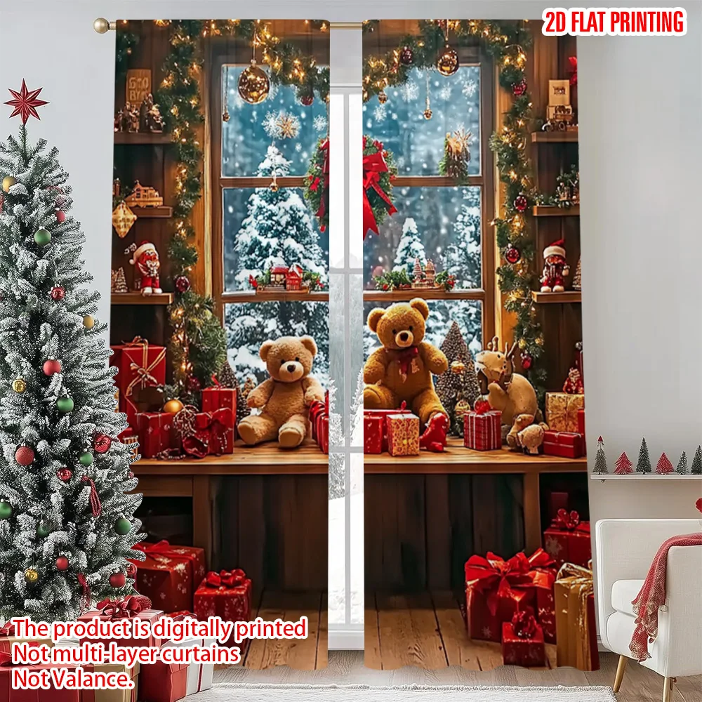 

2pcs 2D flat printing Merry Christmas Popular Party Window Curtains red bow 100% Polyester Without Electricity Family Party