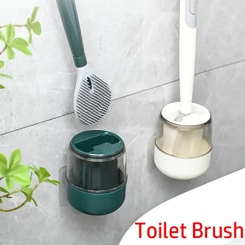 1 Set Toilet Brush With Holder Wall Mounted Long Handle Flexible Toilet Cleaning Brush Bathroom Cleaning Brush Cleaning Supplies