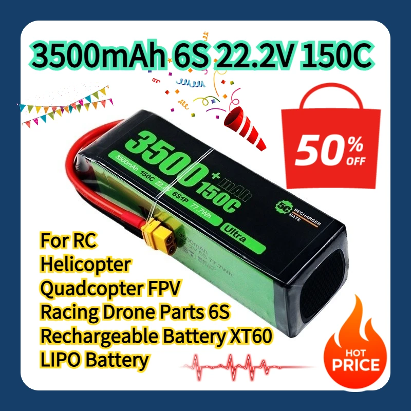 

For RC Helicopter Quadcopter FPV Racing Drone Parts 6S Rechargeable Battery XT60 3500mAh 6S 22.2V 150C LIPO Battery
