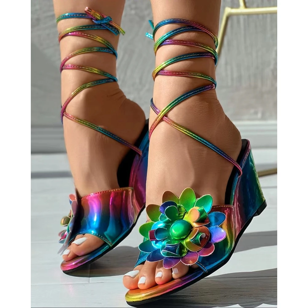 Fashion Women Ombre Floral Pattern Strappy Wedge Heel Sandals Female Modern Party Summer Shoes