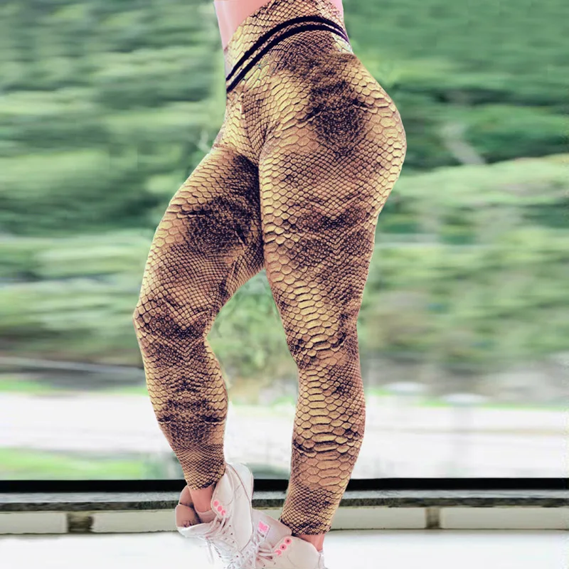 FCCEXIO Summer New Snake Skin Print Women's Sports Leggings High Waist Running Tght Fitness Workout Yoga Gym Cosplay Pants