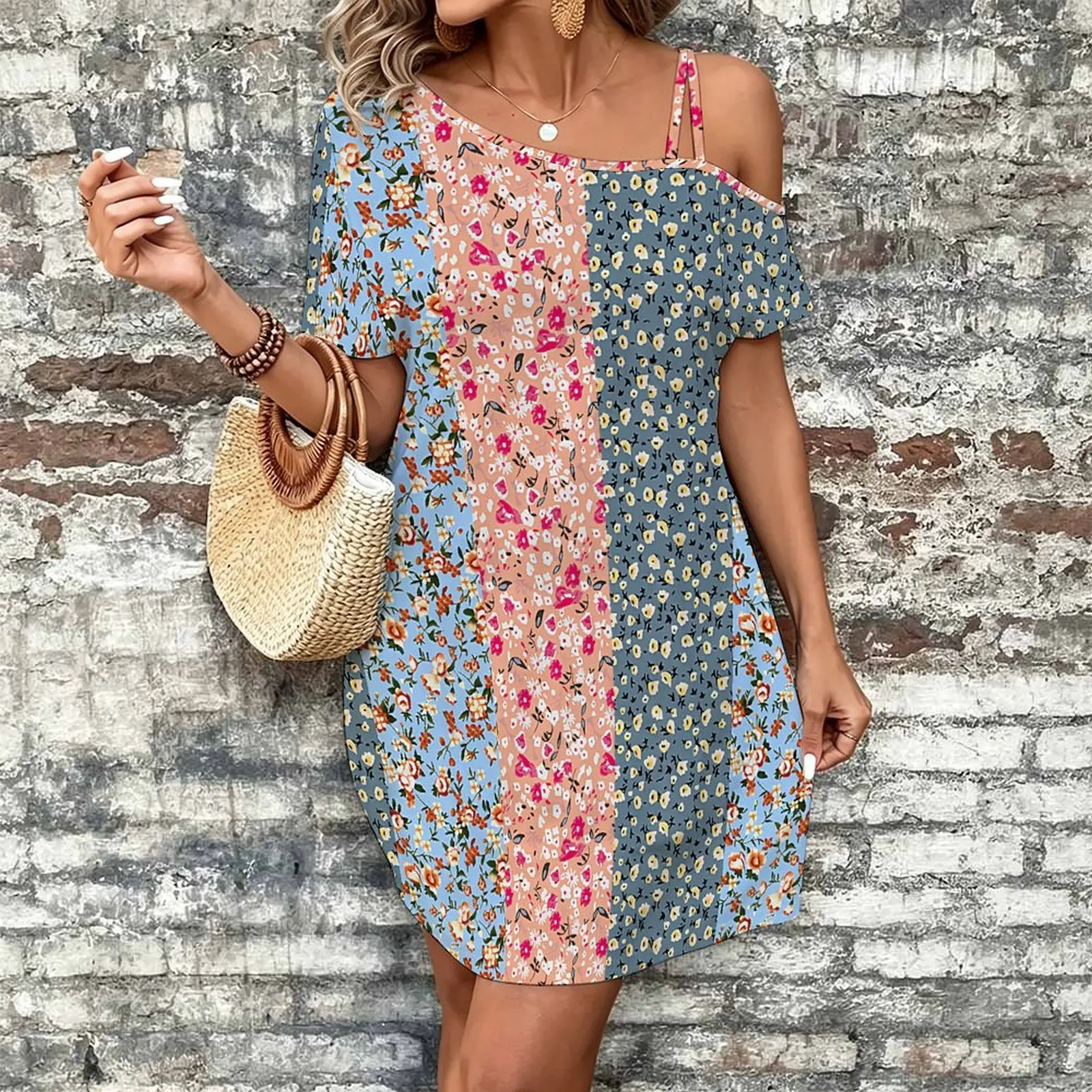 Women Print Cold Shoulder Short Sleeve Mini Dress Irregular Off Shoulder Casual Loose Tunic Dress