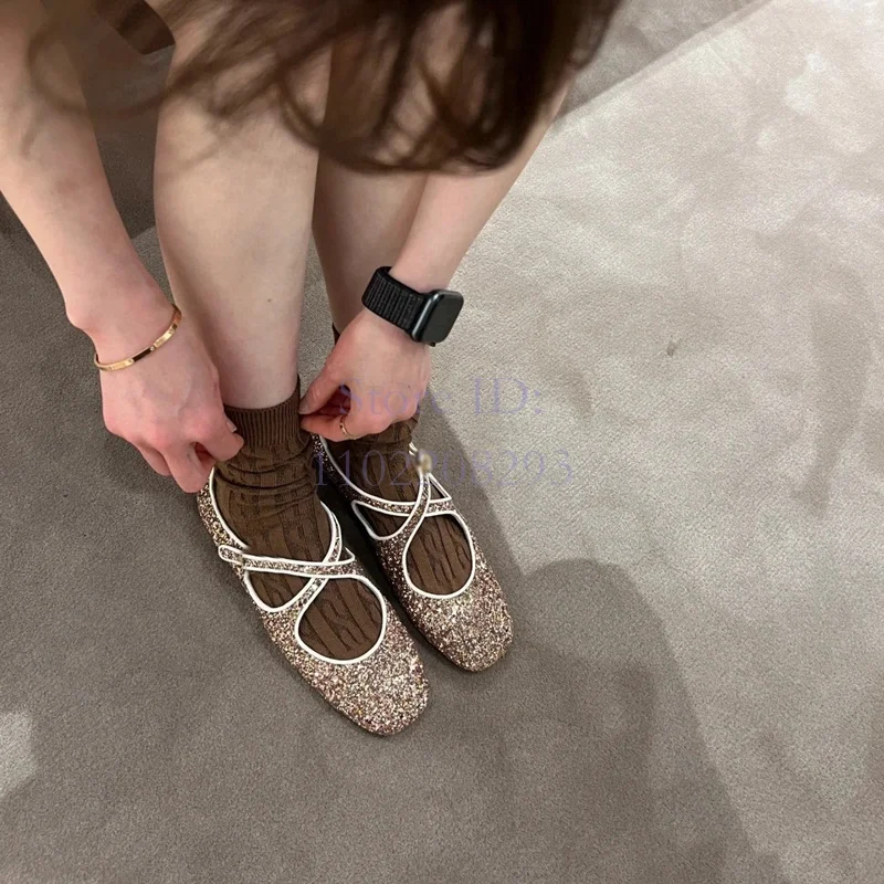 

Retro Round Toe Glitter Sequin Flats Sandals Solid Cross Strap Metal Buckle Ballet Shoes 2024 Women Casual Dress Mary Janes