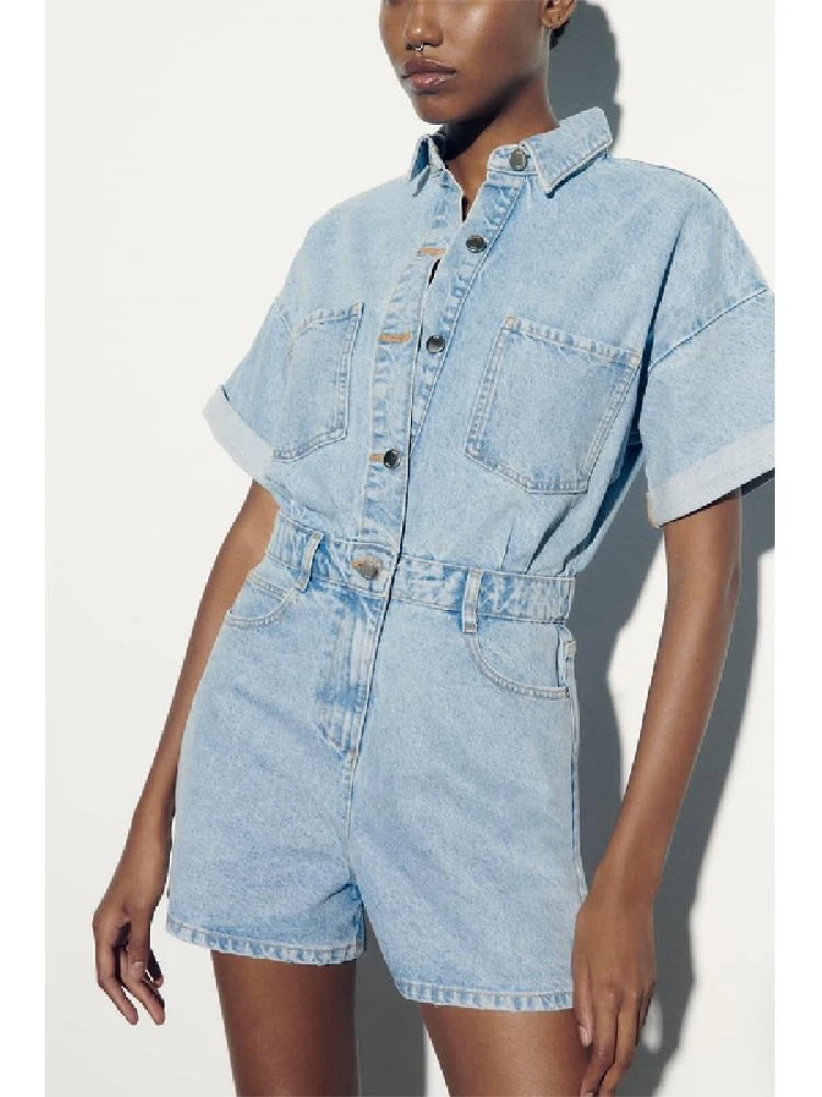Z New Women's Retro Hong Kong Sle High Waist Cargo Denim Jumpsuit ort Sve with Cuffed Hem Workwear Faion Summer orts