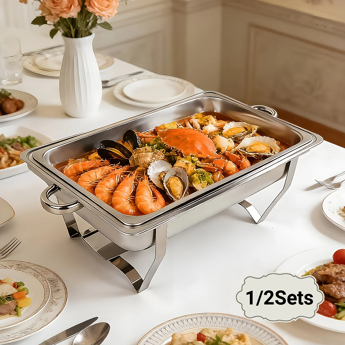 

1/2 Packs Full Size Chafing Dish Buffet Set Rectangular Stainless Steel Food Warmer Sets for Restaurant Catering Parties Weddings Solely for Cooking (solely for cooking)