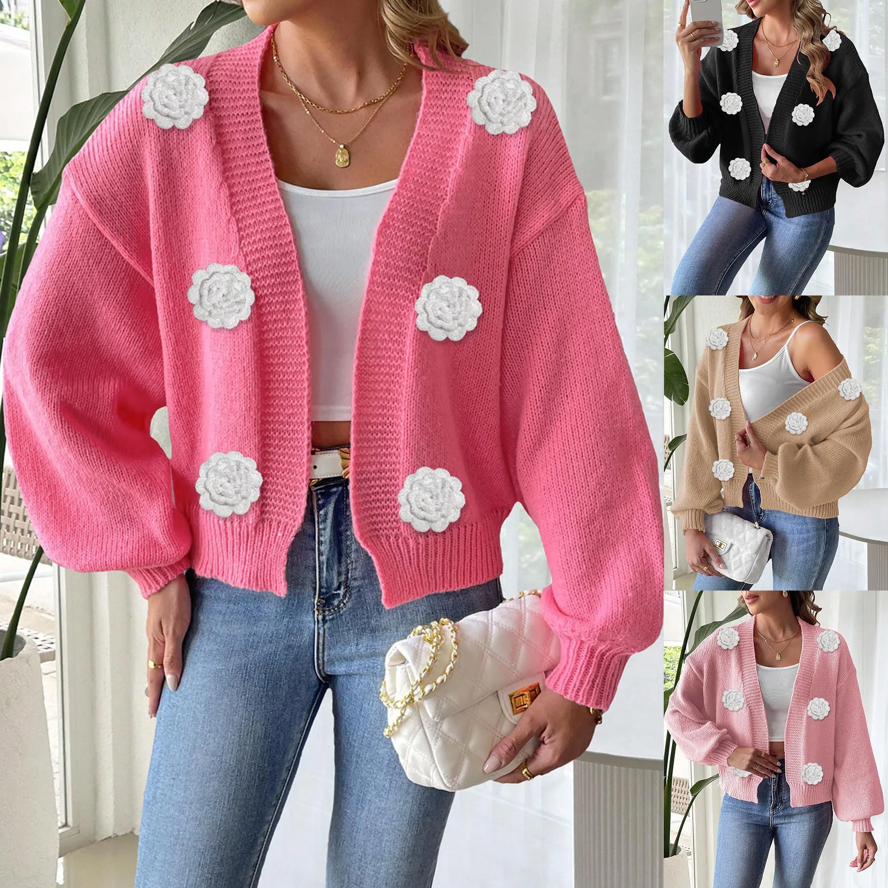 Women's Open Cardigan 3D Hand Hooked Flower Splicing Sweater Jacket Autumn Winter New Style European And American Fashion