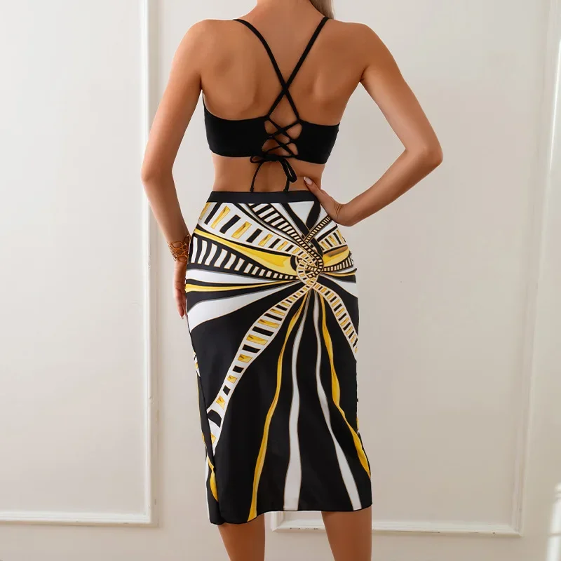 New High Waist Slit Fashionable Printed Long Skirt Bikini Sets Sexy Vacation Beach Women's Swimwear Push-up Three Piece Swimsuit