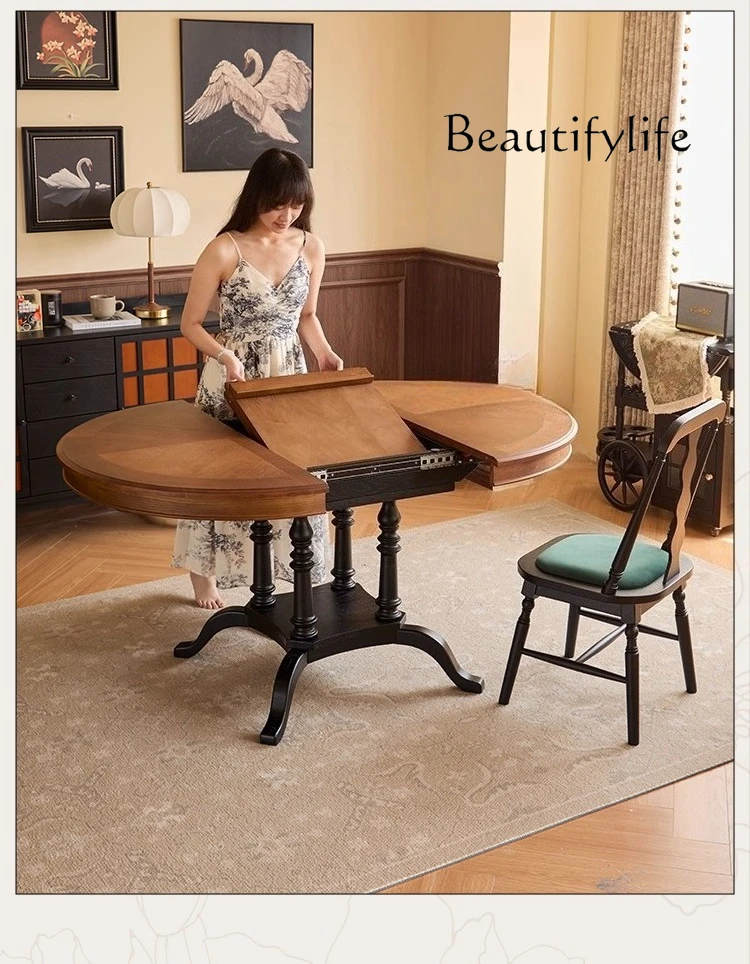 

French retro home solid wood retractable dining table and chairs American medieval style living room small apartment foldable ro