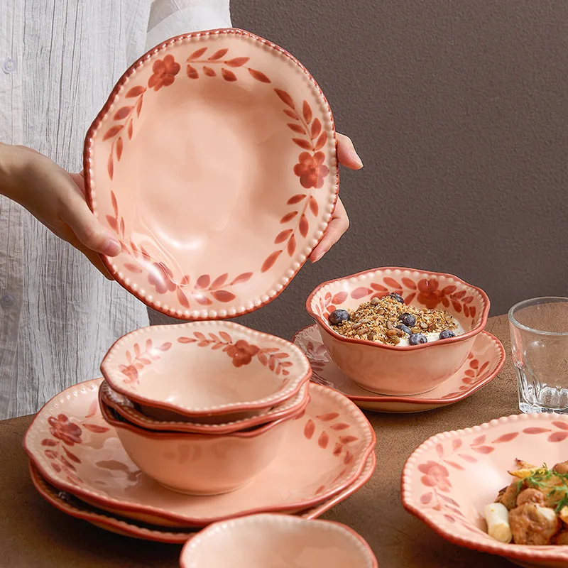 1Pcs ceramic tableware, dish set, red high-value, household rice dishes.