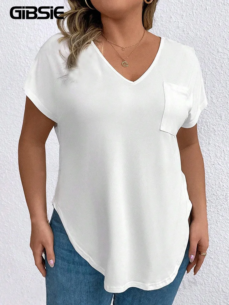 

Женская футболка GIBSIE больших размеров с V-образным вырезом и коротким рукавом, летняя коллекция 2026, новая модель с карманом, свободного кроя, с асимметричным подолом, повседневная.