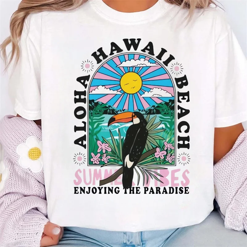 Aloha Hawaiian Beach Pattern Printed Summer T-Shirt Street Versatile Women's Beach Vacation Printed Fashion Travel T-Shirt