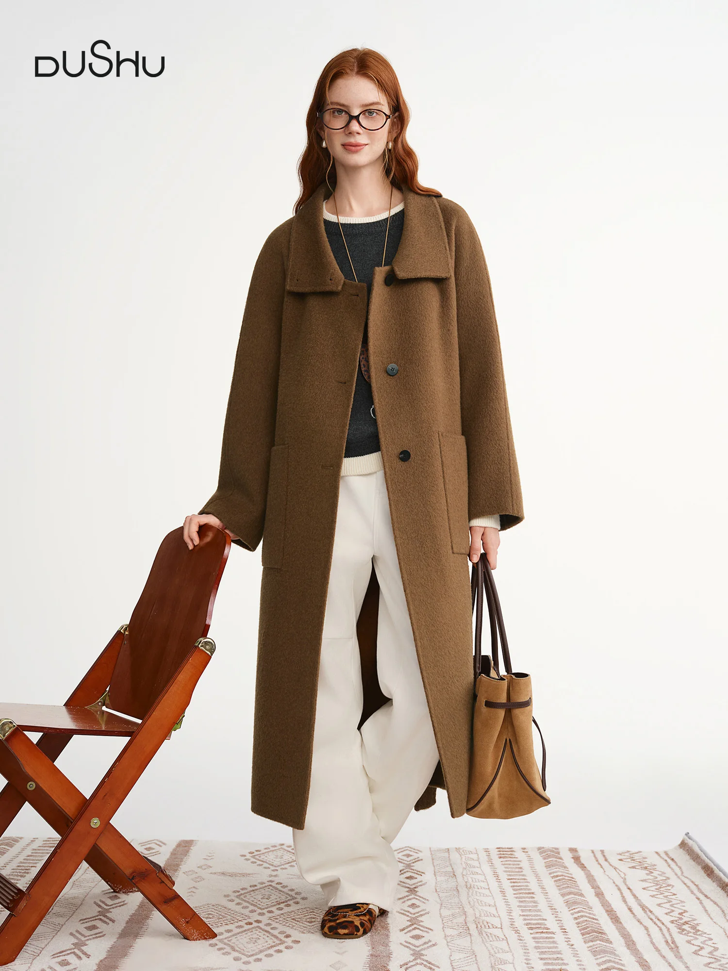 

DUSHU Stand Collar Coat Women Mid-calf Length Vintage 2025 New Wool Double-faced Wool Jackets Simple Commuting Elegant French